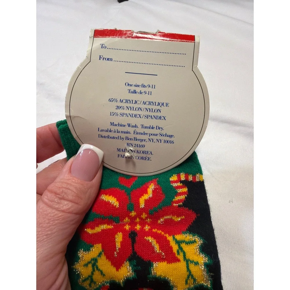 Vintage Ben Berger Christmas Socks Green Black Poinsettia Candy Cane Glitter NWT